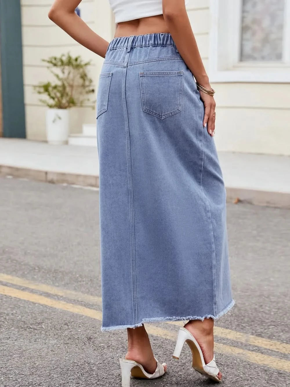 Slit Asymmetrical Waist Denim Skirt - ShalayeFashion