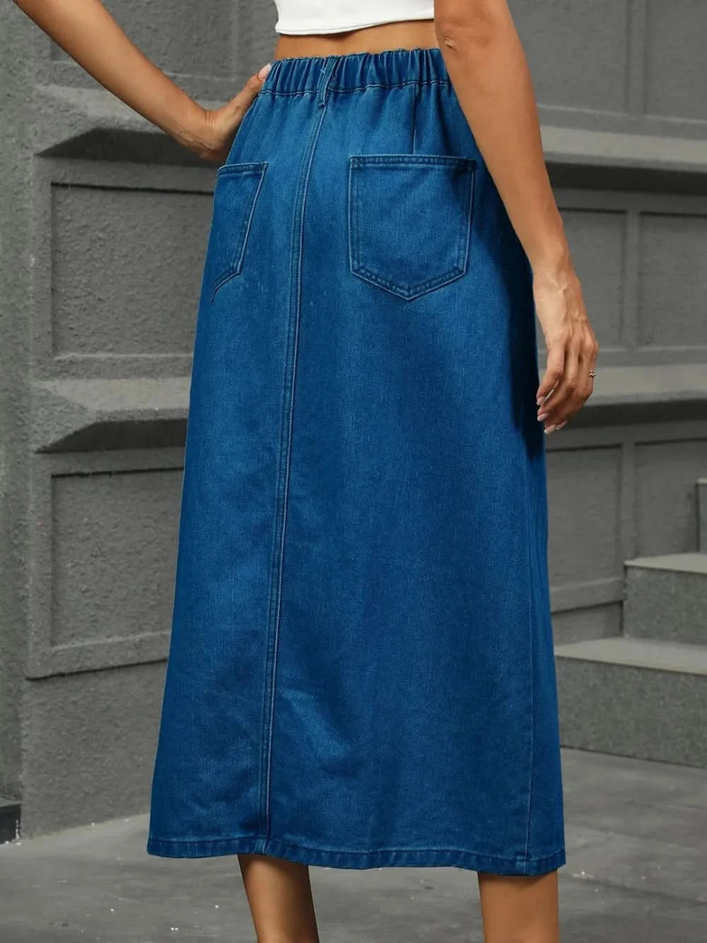 Slit Button Detail Denim Midi Skirt - ShalayeFashion