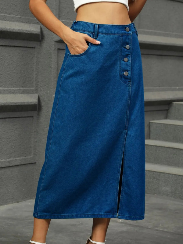 Slit Button Detail Denim Midi Skirt - ShalayeFashion