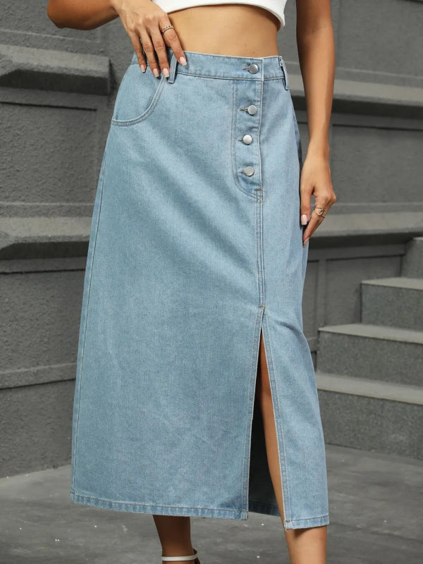 Slit Button Detail Denim Midi Skirt - ShalayeFashion