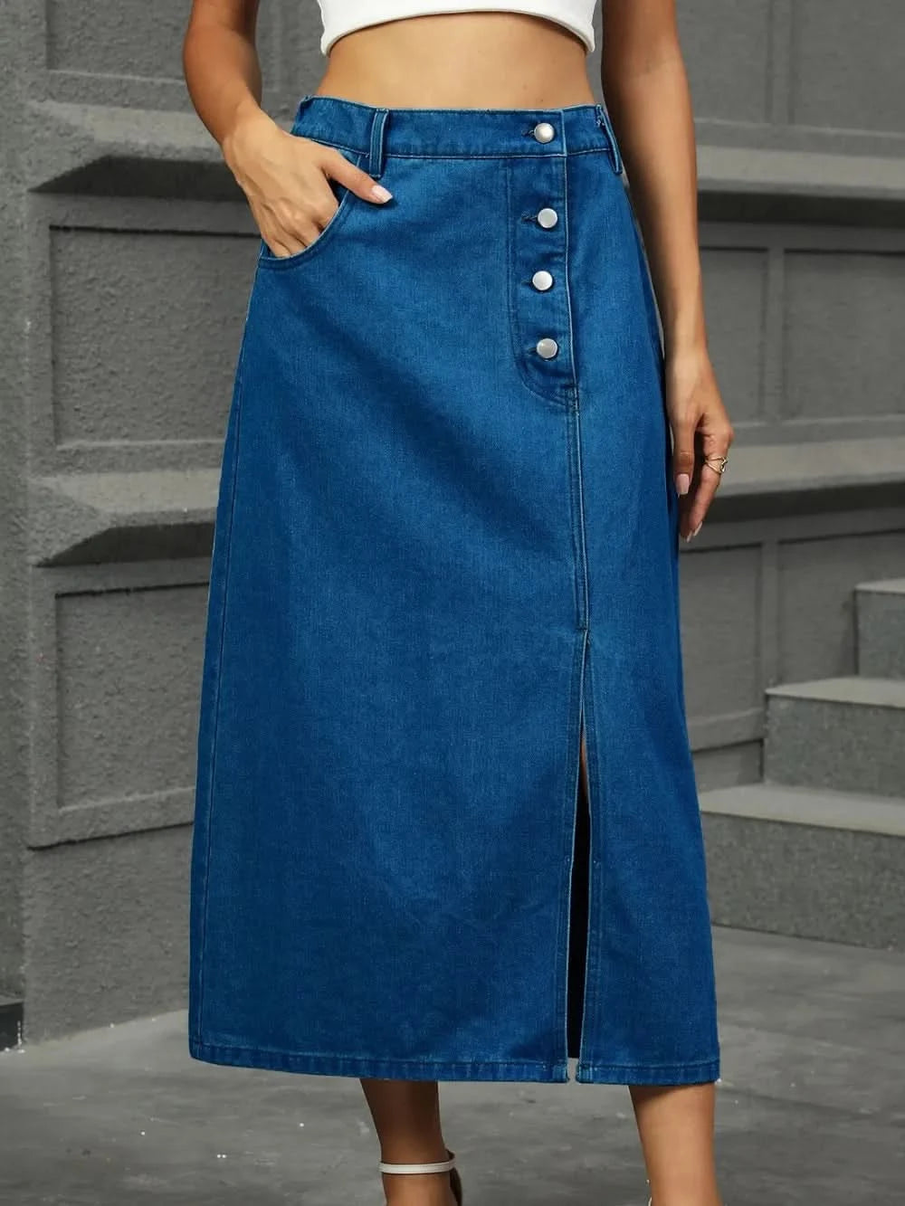 Slit Button Detail Denim Midi Skirt - ShalayeFashion