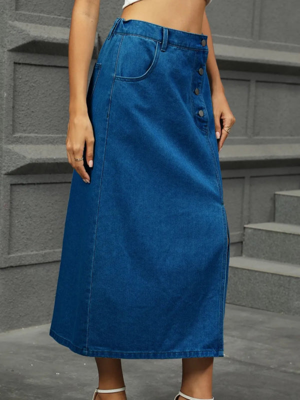 Slit Button Detail Denim Midi Skirt - ShalayeFashion