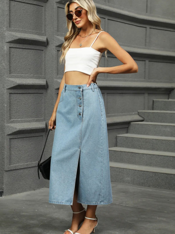 Slit Button Detail Denim Midi Skirt - ShalayeFashion