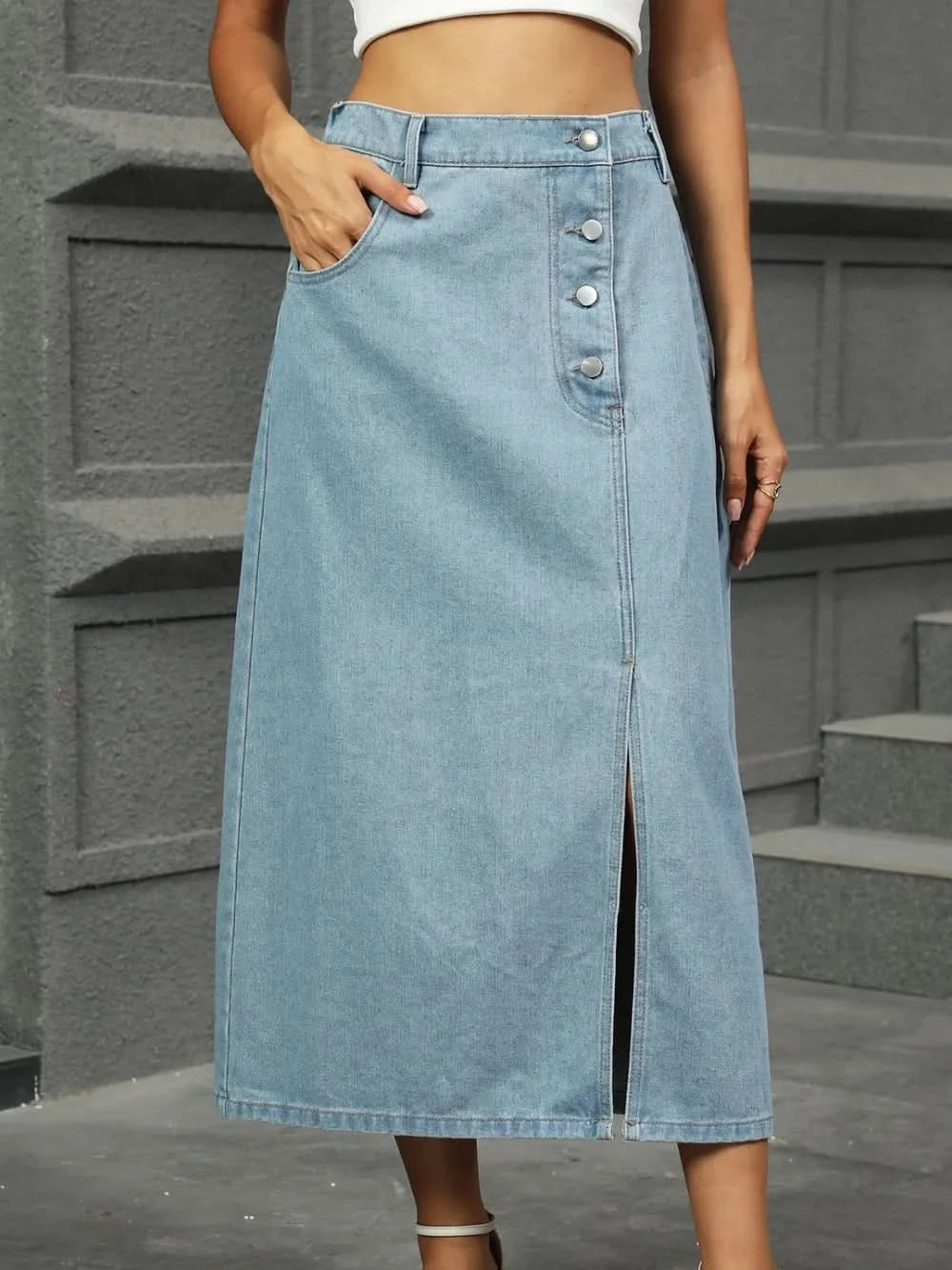 Slit Button Detail Denim Midi Skirt - ShalayeFashion