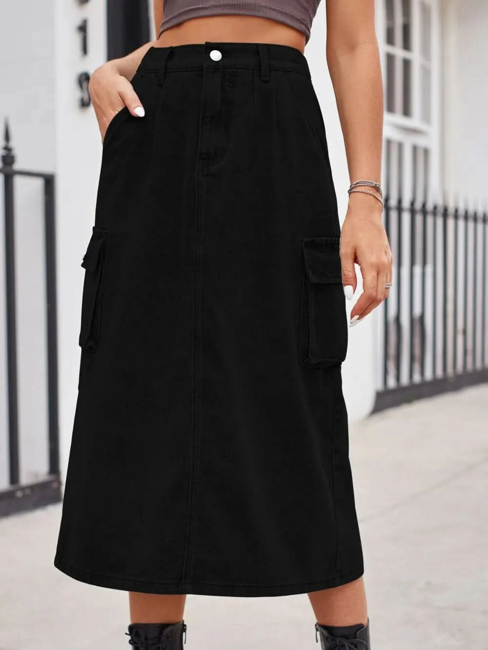 Slit Buttoned Denim Skirt with Pockets - ShalayeFashion