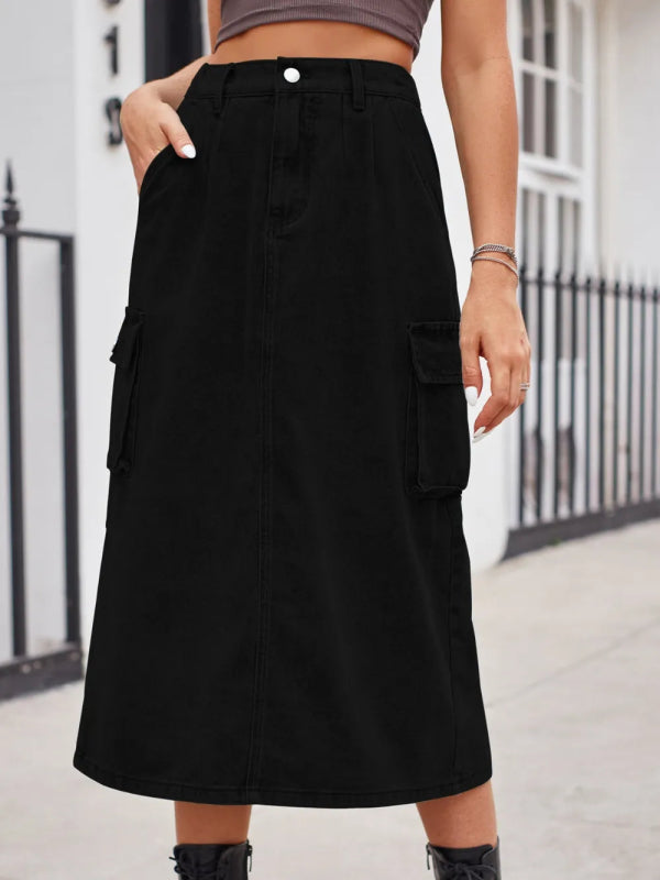 Slit Buttoned Denim Skirt with Pockets - ShalayeFashion