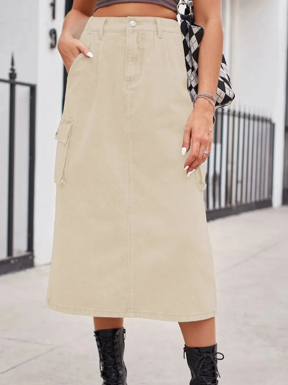 Slit Buttoned Denim Skirt with Pockets - ShalayeFashion