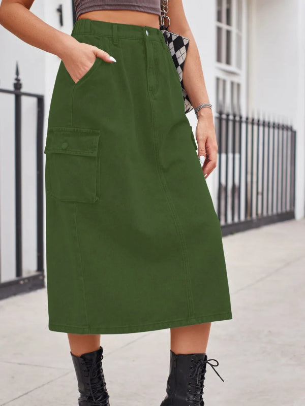 Slit Buttoned Denim Skirt with Pockets - ShalayeFashion