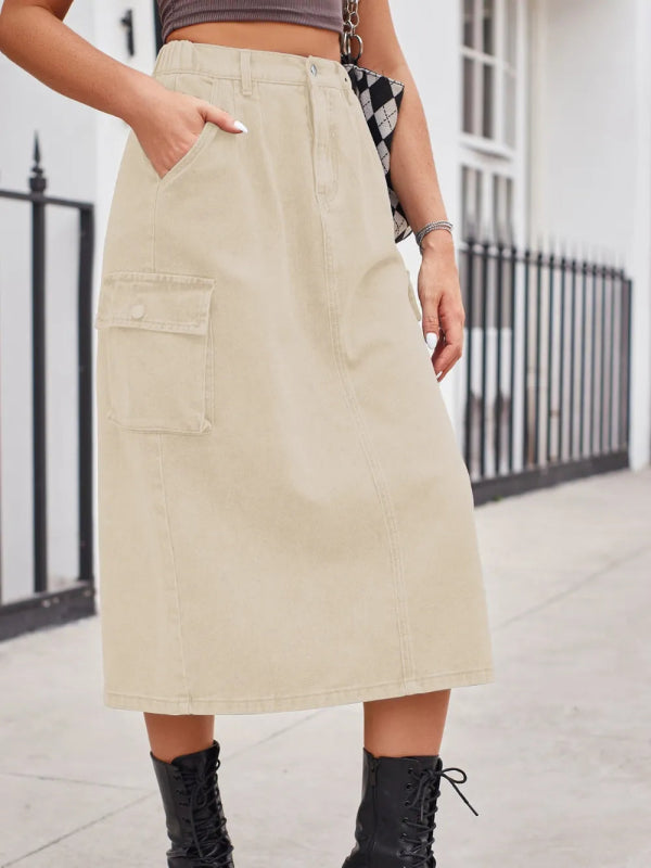 Slit Buttoned Denim Skirt with Pockets - ShalayeFashion