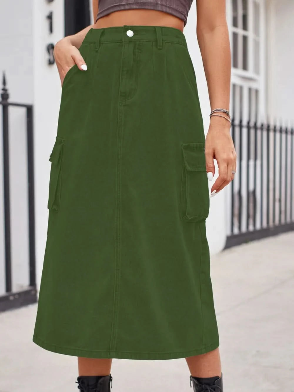 Slit Buttoned Denim Skirt with Pockets - ShalayeFashion