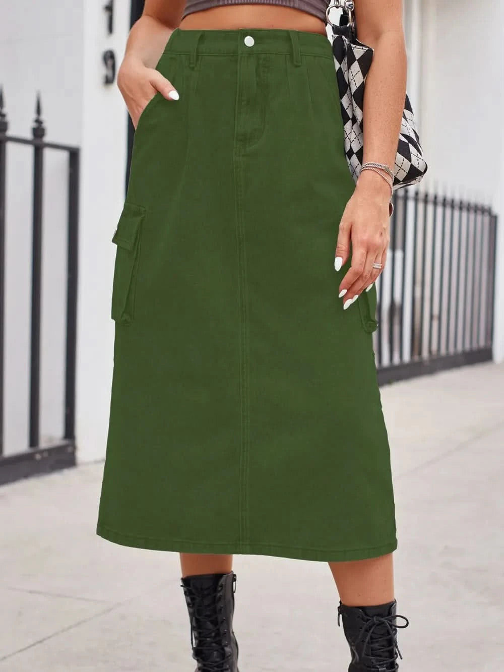 Slit Buttoned Denim Skirt with Pockets - ShalayeFashion