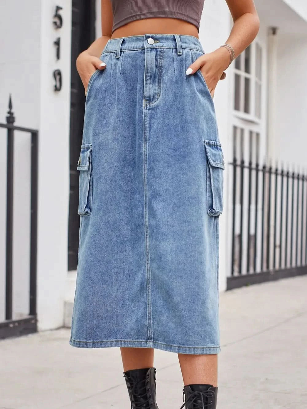 Slit Buttoned Denim Skirt with Pockets - ShalayeFashion