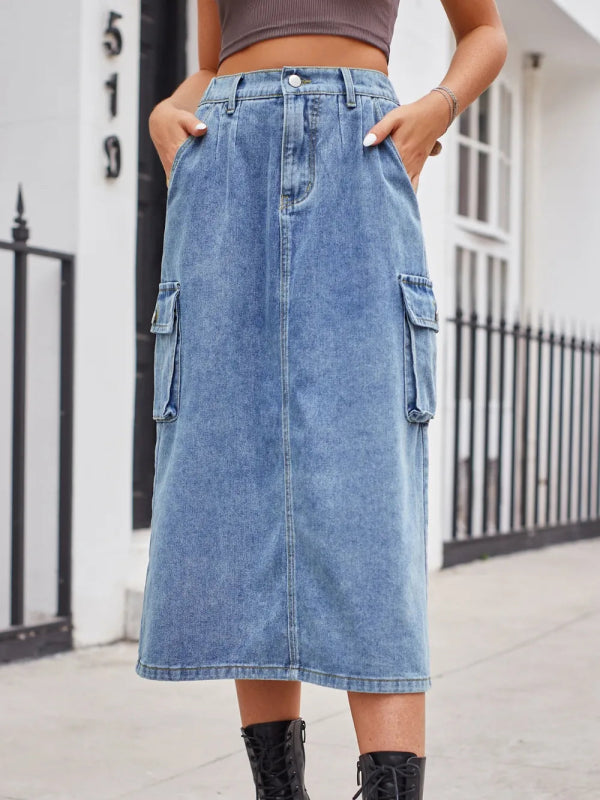 Slit Buttoned Denim Skirt with Pockets - ShalayeFashion