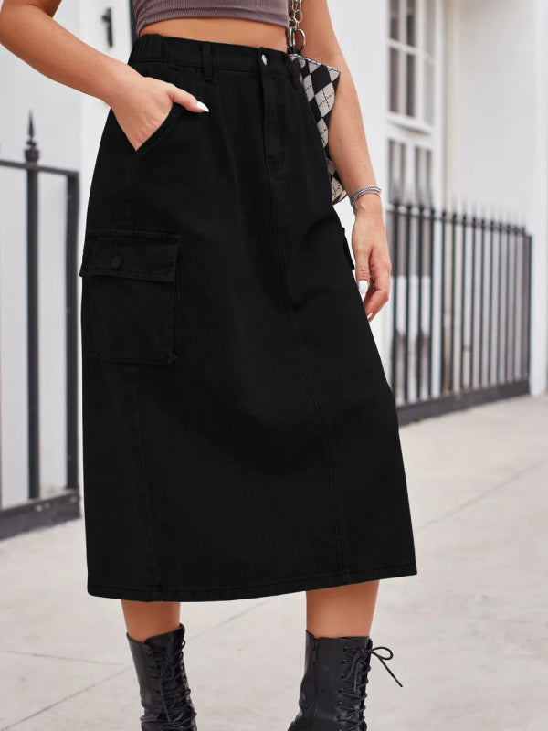 Slit Buttoned Denim Skirt with Pockets - ShalayeFashion