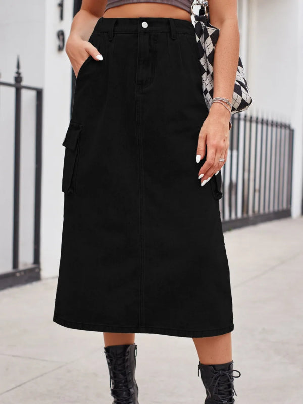 Slit Buttoned Denim Skirt with Pockets - ShalayeFashion