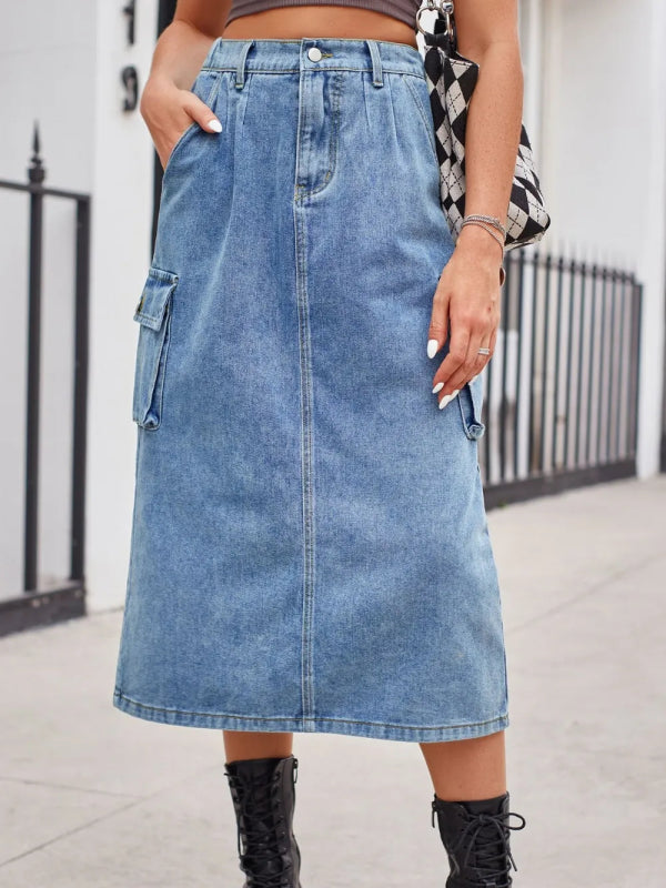 Slit Buttoned Denim Skirt with Pockets - ShalayeFashion