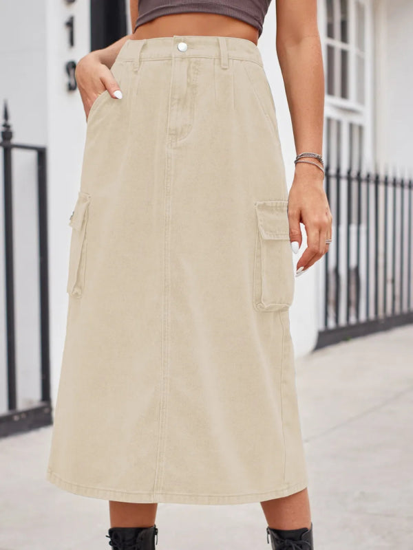 Slit Buttoned Denim Skirt with Pockets - ShalayeFashion