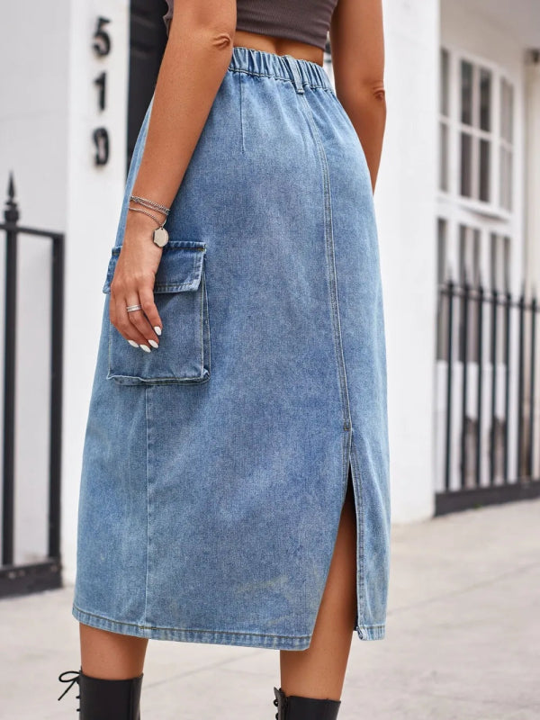 Slit Buttoned Denim Skirt with Pockets - ShalayeFashion