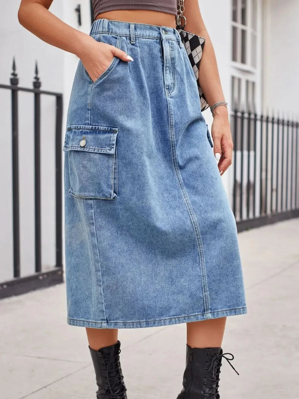 Slit Buttoned Denim Skirt with Pockets - ShalayeFashion