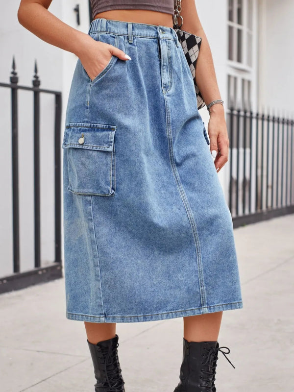 Slit Buttoned Denim Skirt with Pockets - ShalayeFashion
