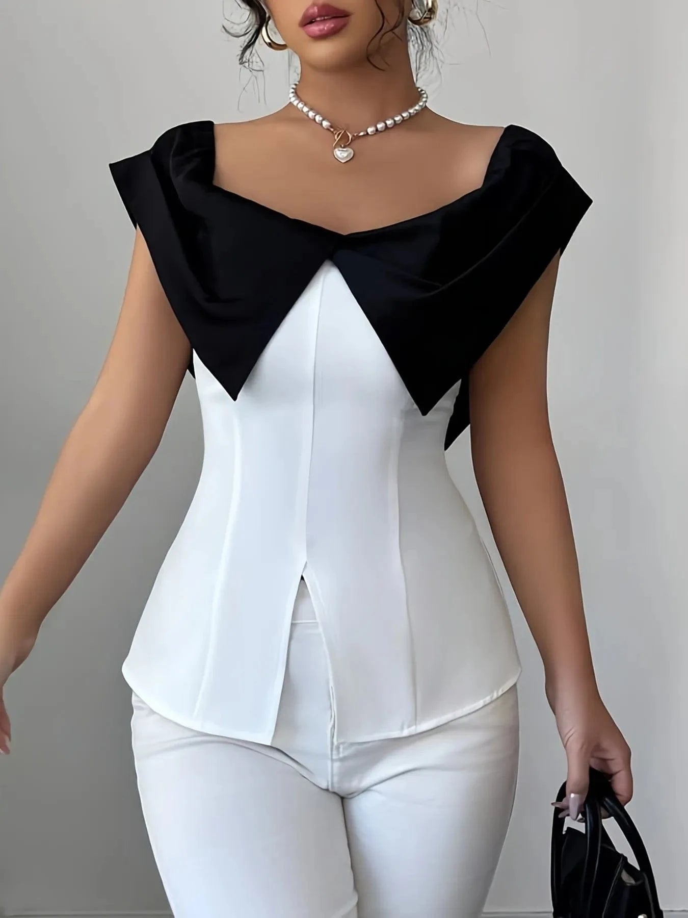 Slit Contrast Cap Sleeve Blouse - ShalayeFashion