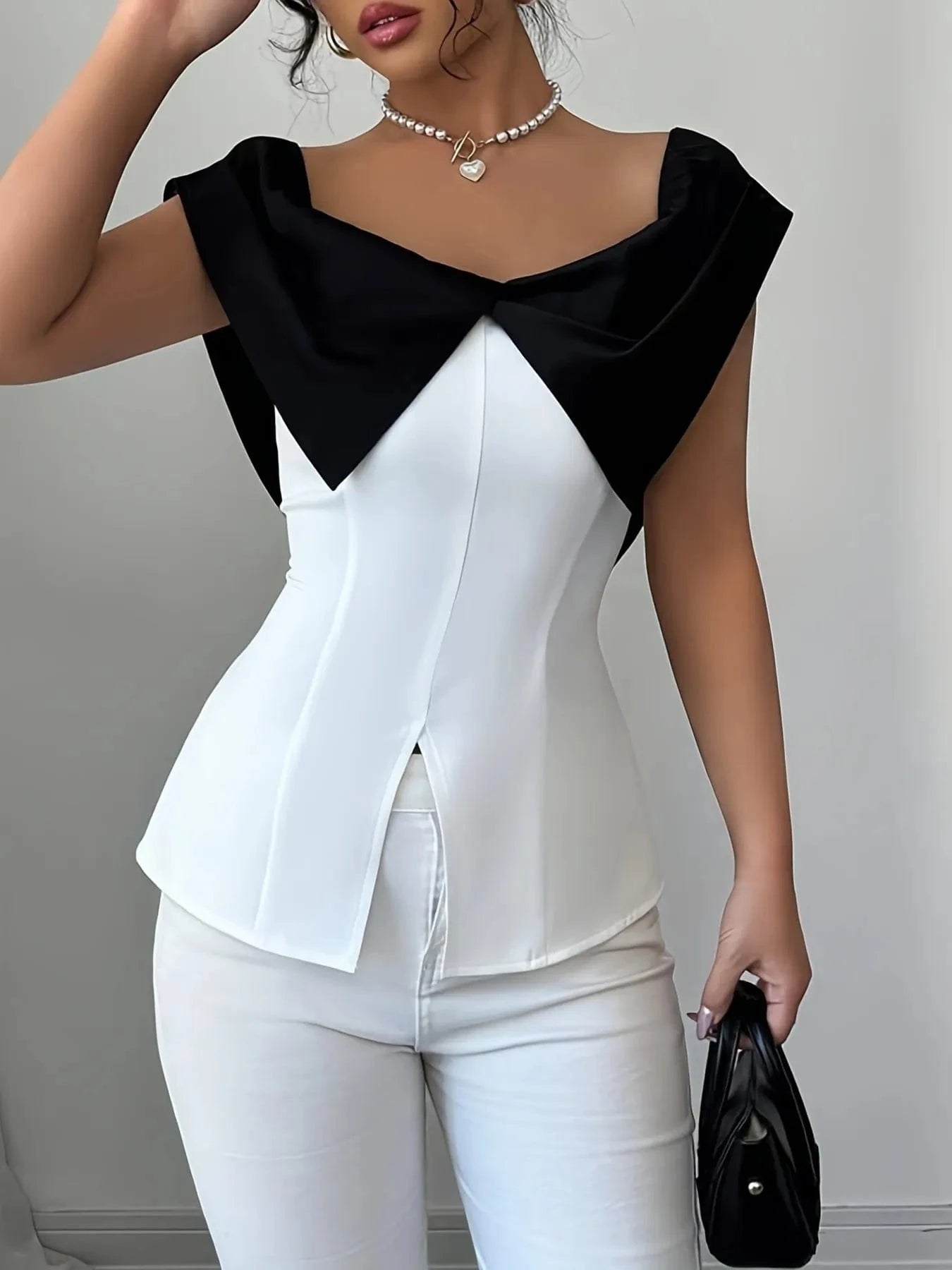Slit Contrast Cap Sleeve Blouse - ShalayeFashion