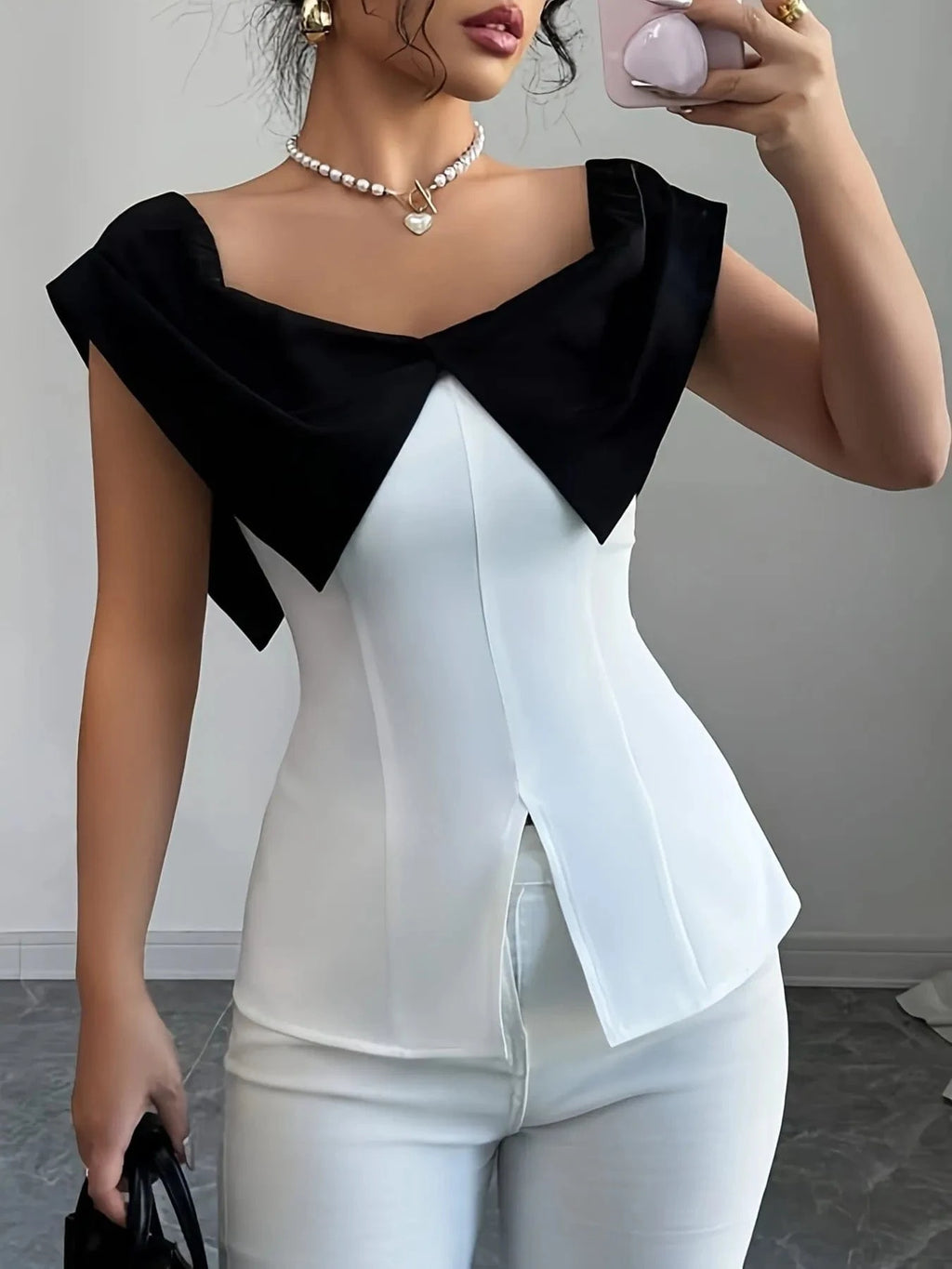 Slit Contrast Cap Sleeve Blouse - ShalayeFashion