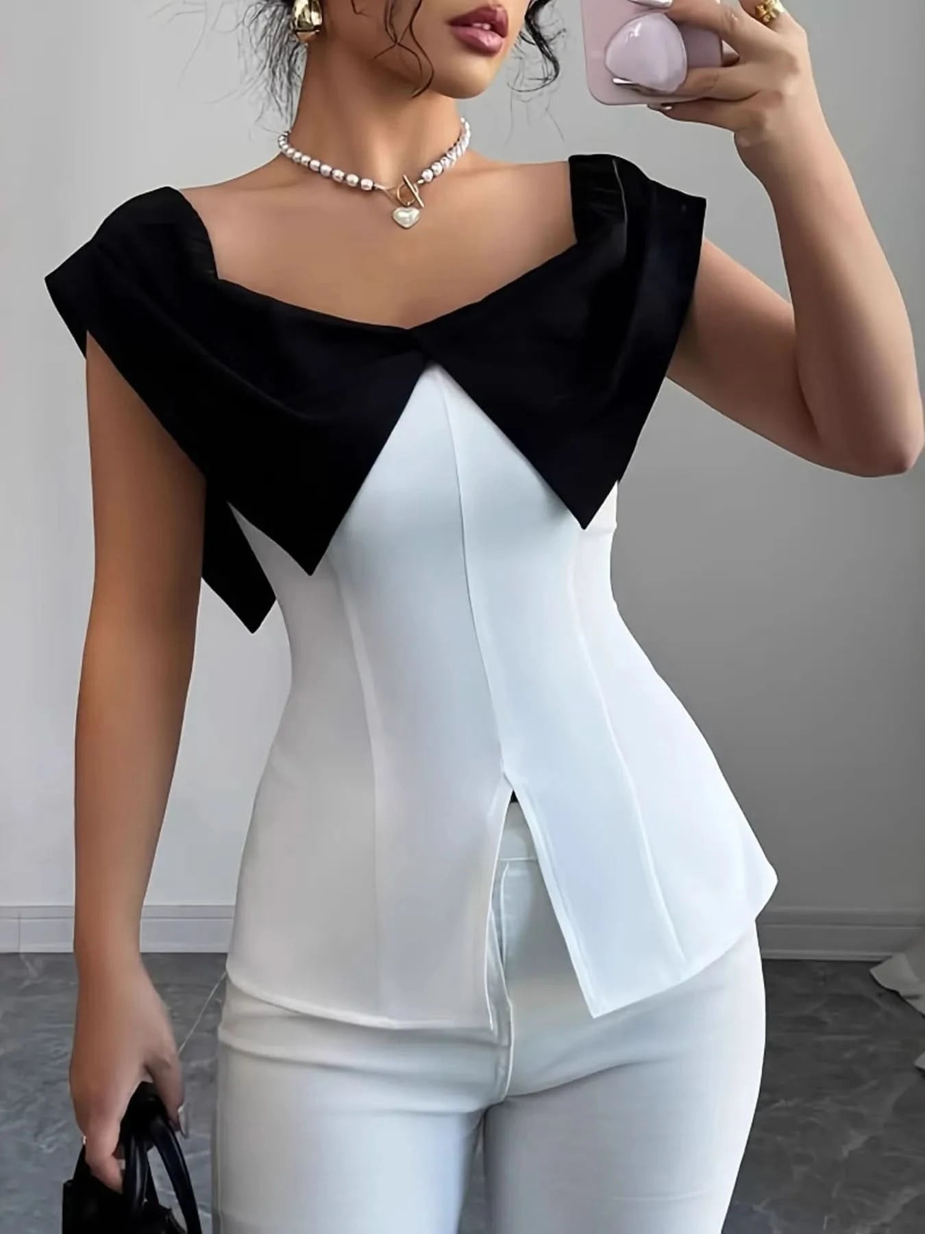 Slit Contrast Cap Sleeve Blouse - ShalayeFashion