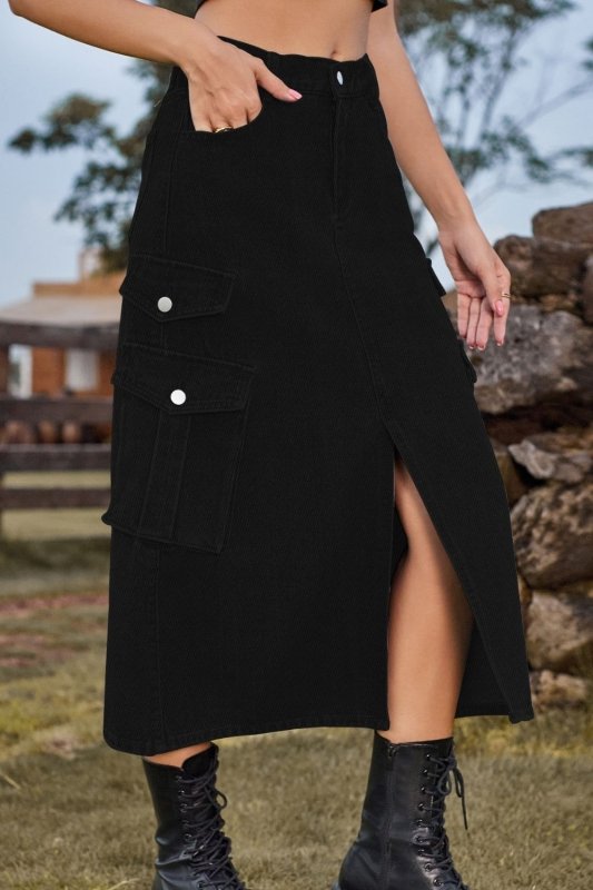 Slit Front Midi Denim Skirt with Pockets - ShalayeFashion