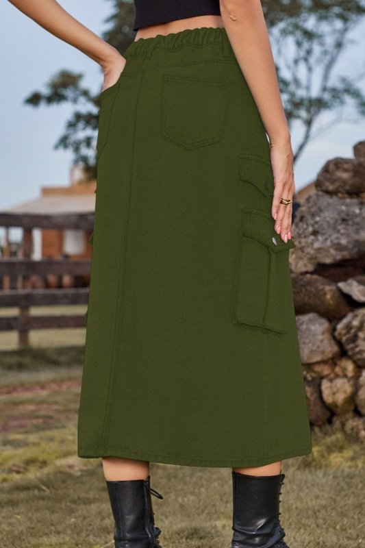 Slit Front Midi Denim Skirt with Pockets - ShalayeFashion