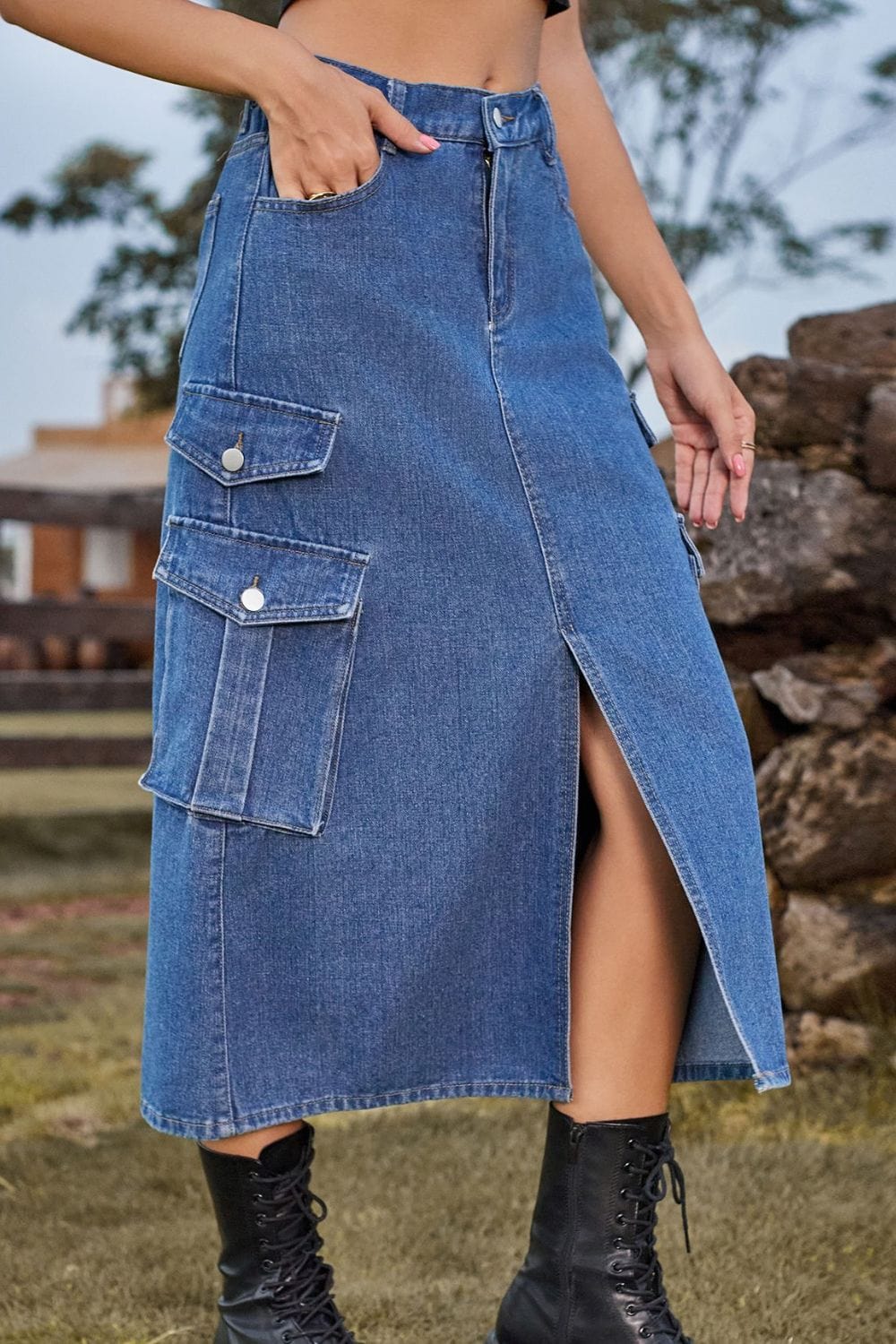 Slit Front Midi Denim Skirt with Pockets - ShalayeFashion