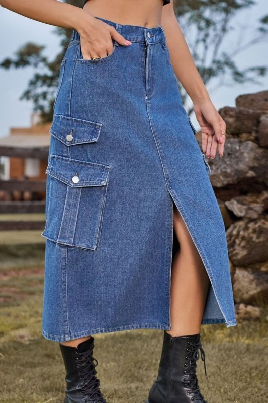 Slit Front Midi Denim Skirt with Pockets - ShalayeFashion