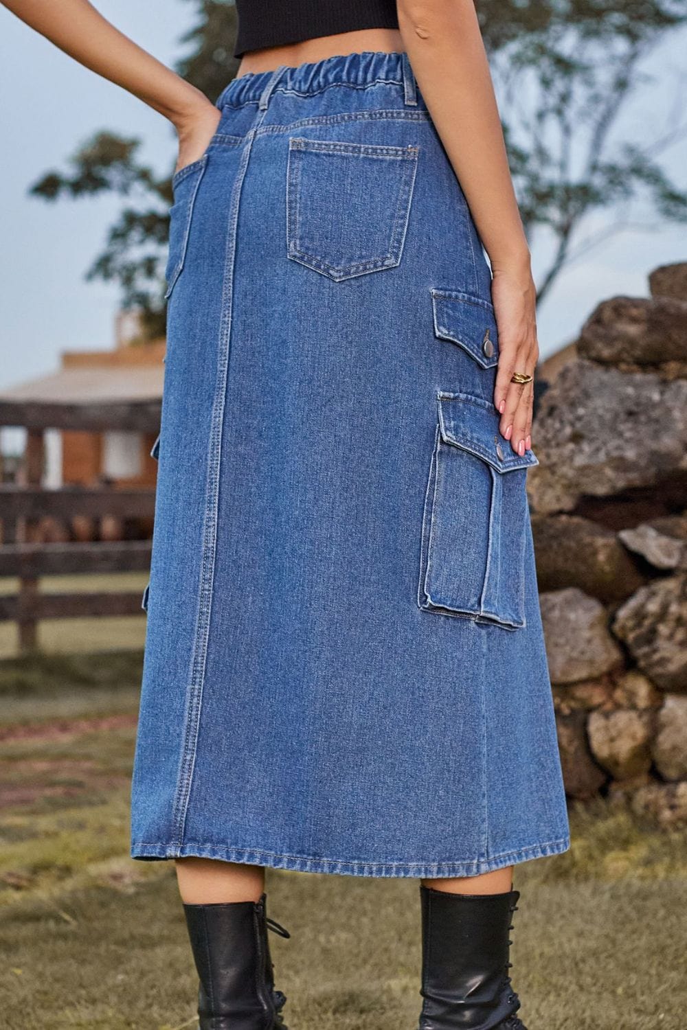 Slit Front Midi Denim Skirt with Pockets - ShalayeFashion