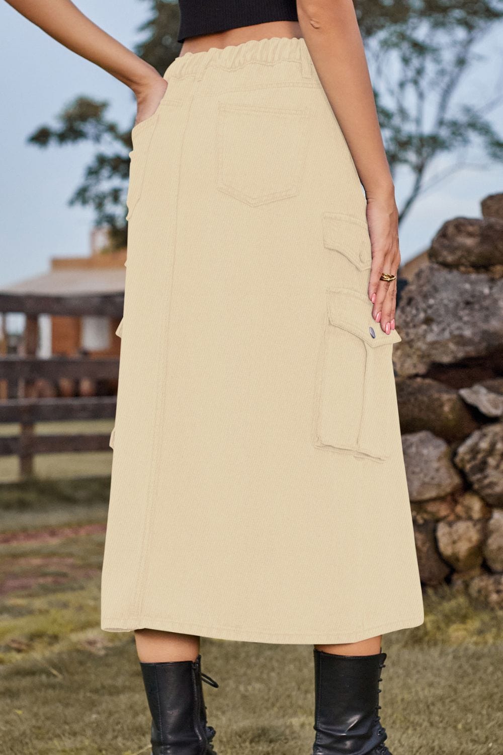 Slit Front Midi Denim Skirt with Pockets - ShalayeFashion