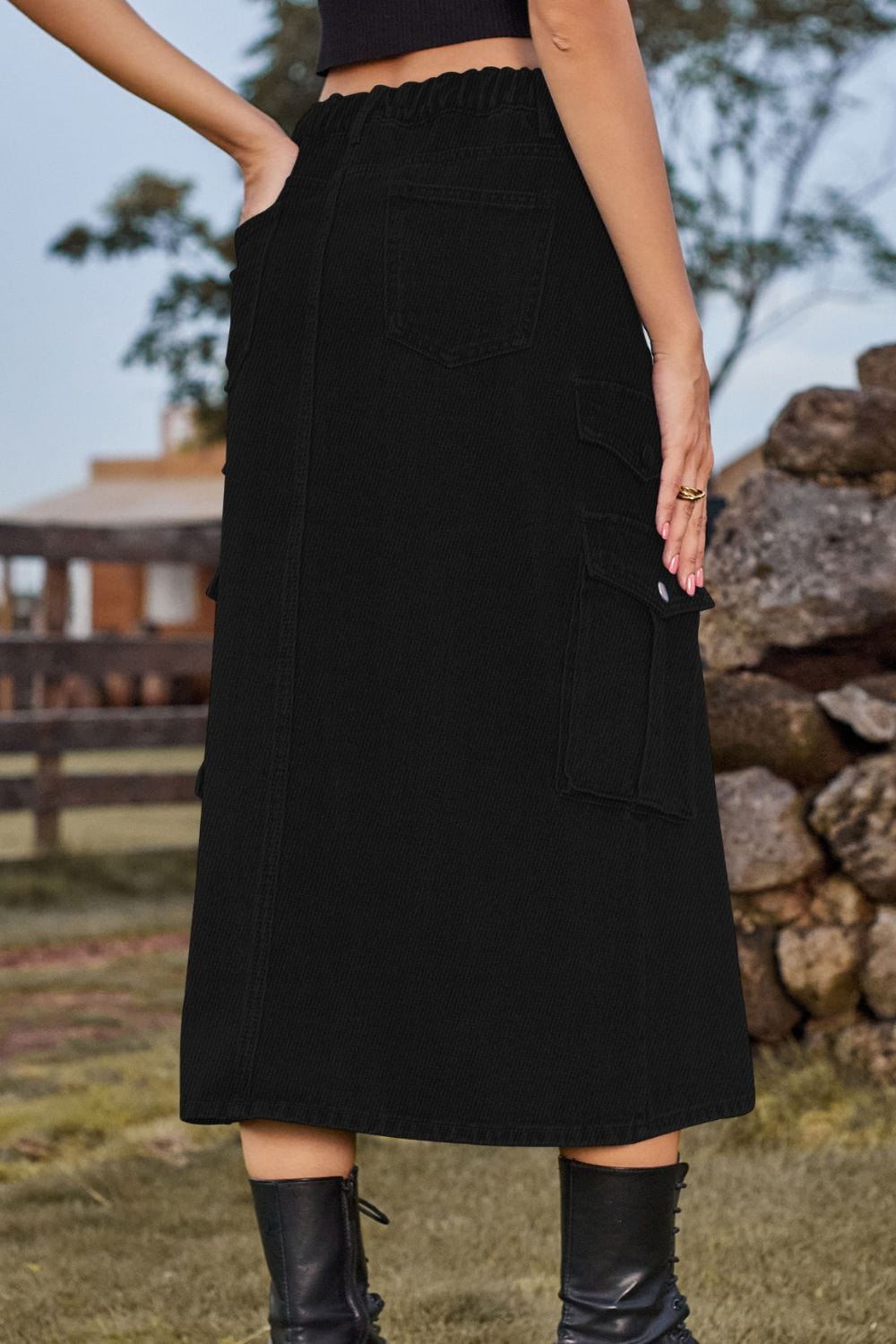 Slit Front Midi Denim Skirt with Pockets - ShalayeFashion