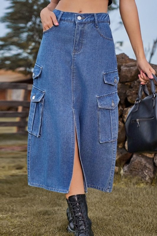 Slit Front Midi Denim Skirt with Pockets - ShalayeFashion