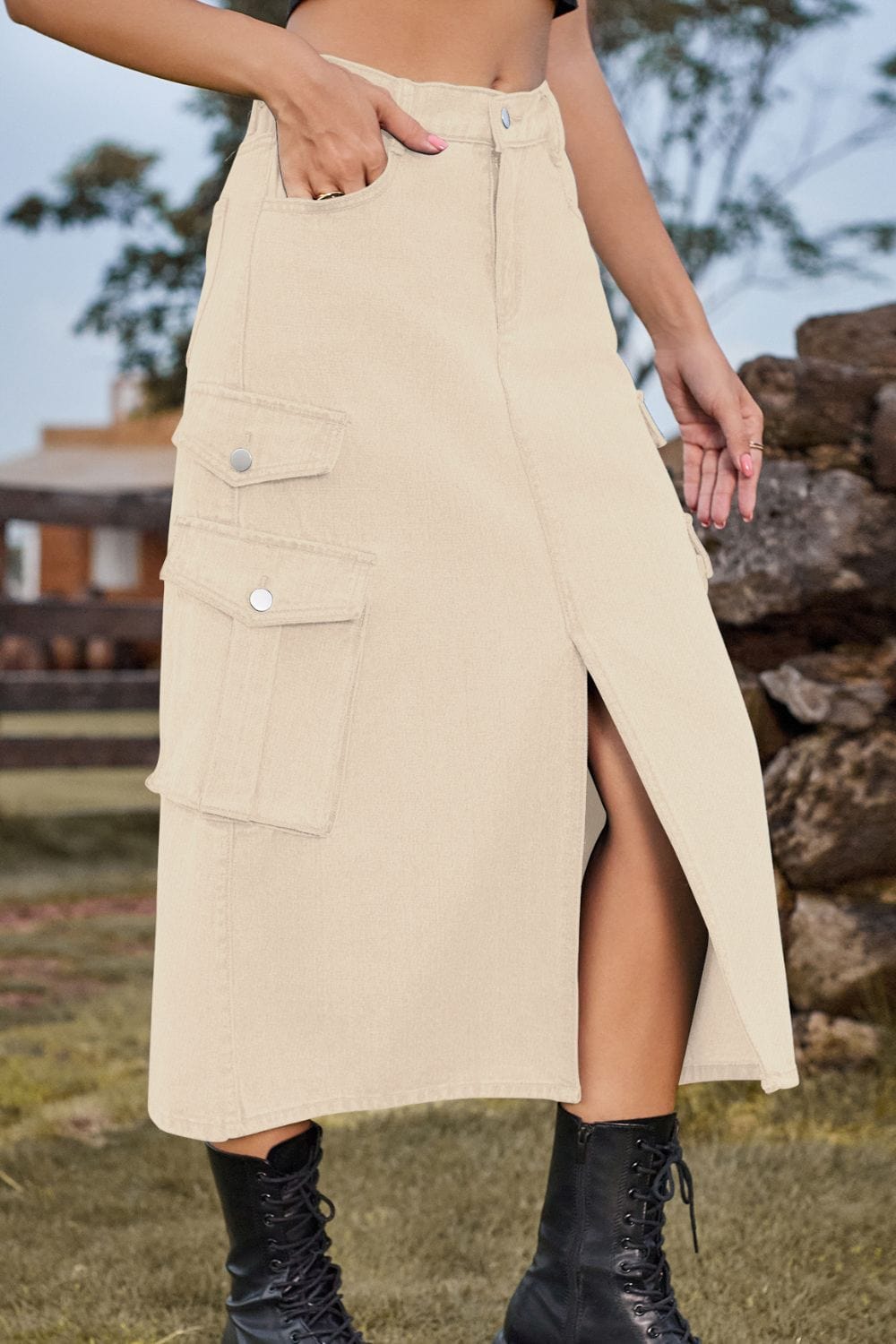 Slit Front Midi Denim Skirt with Pockets - ShalayeFashion
