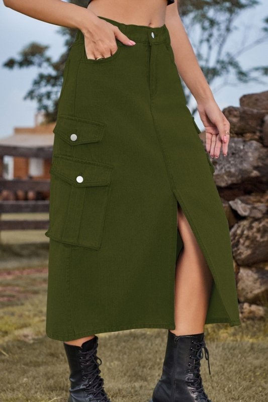 Slit Front Midi Denim Skirt with Pockets - ShalayeFashion