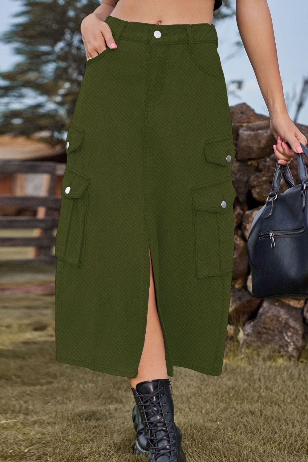 Slit Front Midi Denim Skirt with Pockets - ShalayeFashion