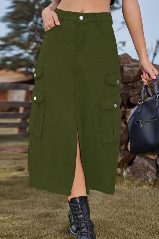 Slit Front Midi Denim Skirt with Pockets - ShalayeFashion