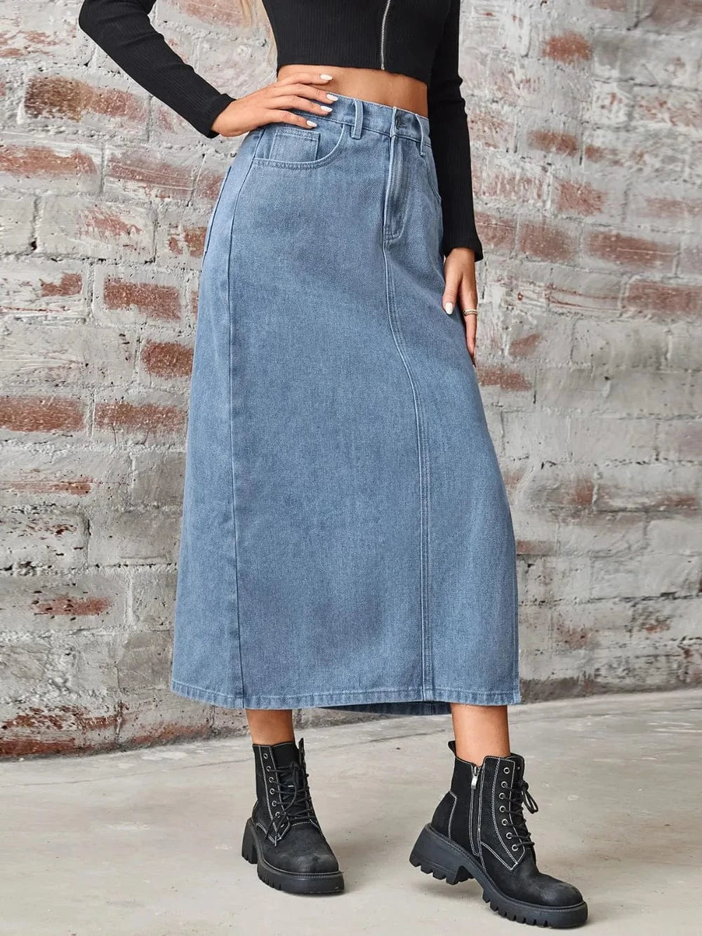 Slit High Waist Denim Skirt with Pockets - ShalayeFashion