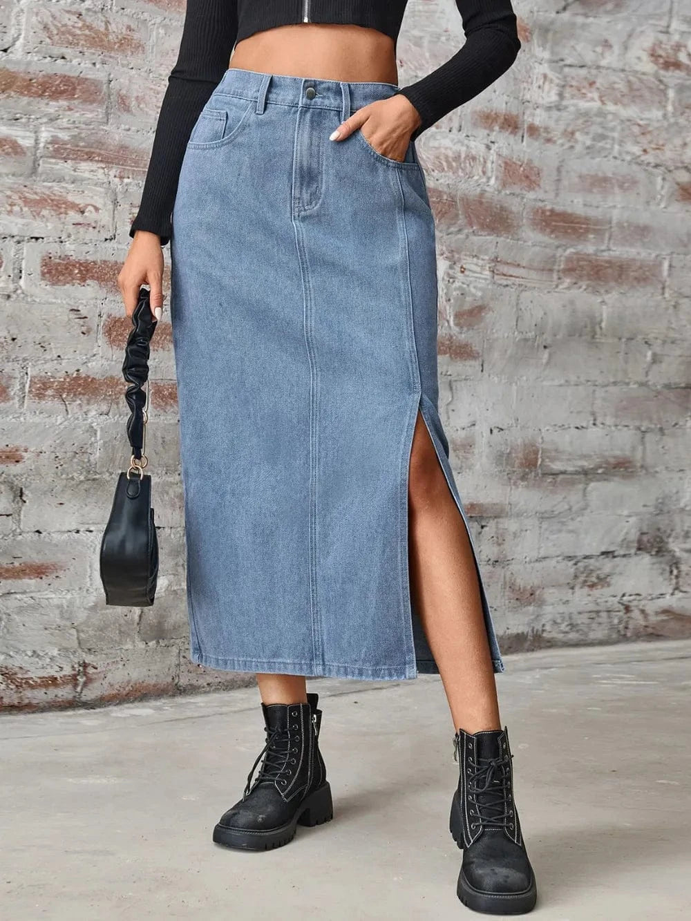 Slit High Waist Denim Skirt with Pockets - ShalayeFashion
