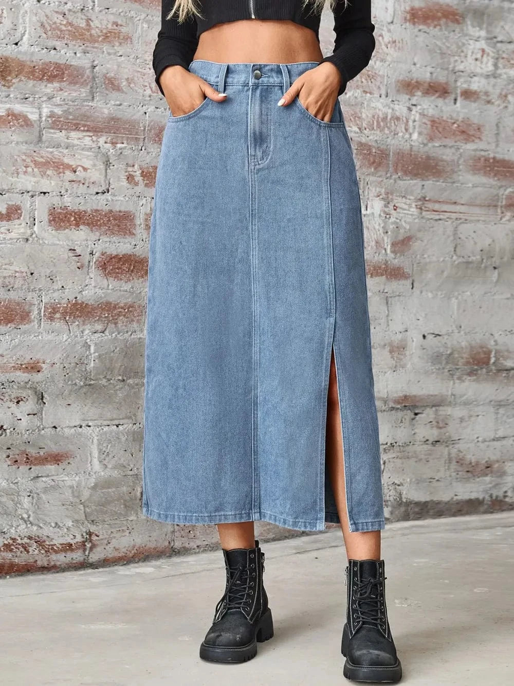 Slit High Waist Denim Skirt with Pockets - ShalayeFashion