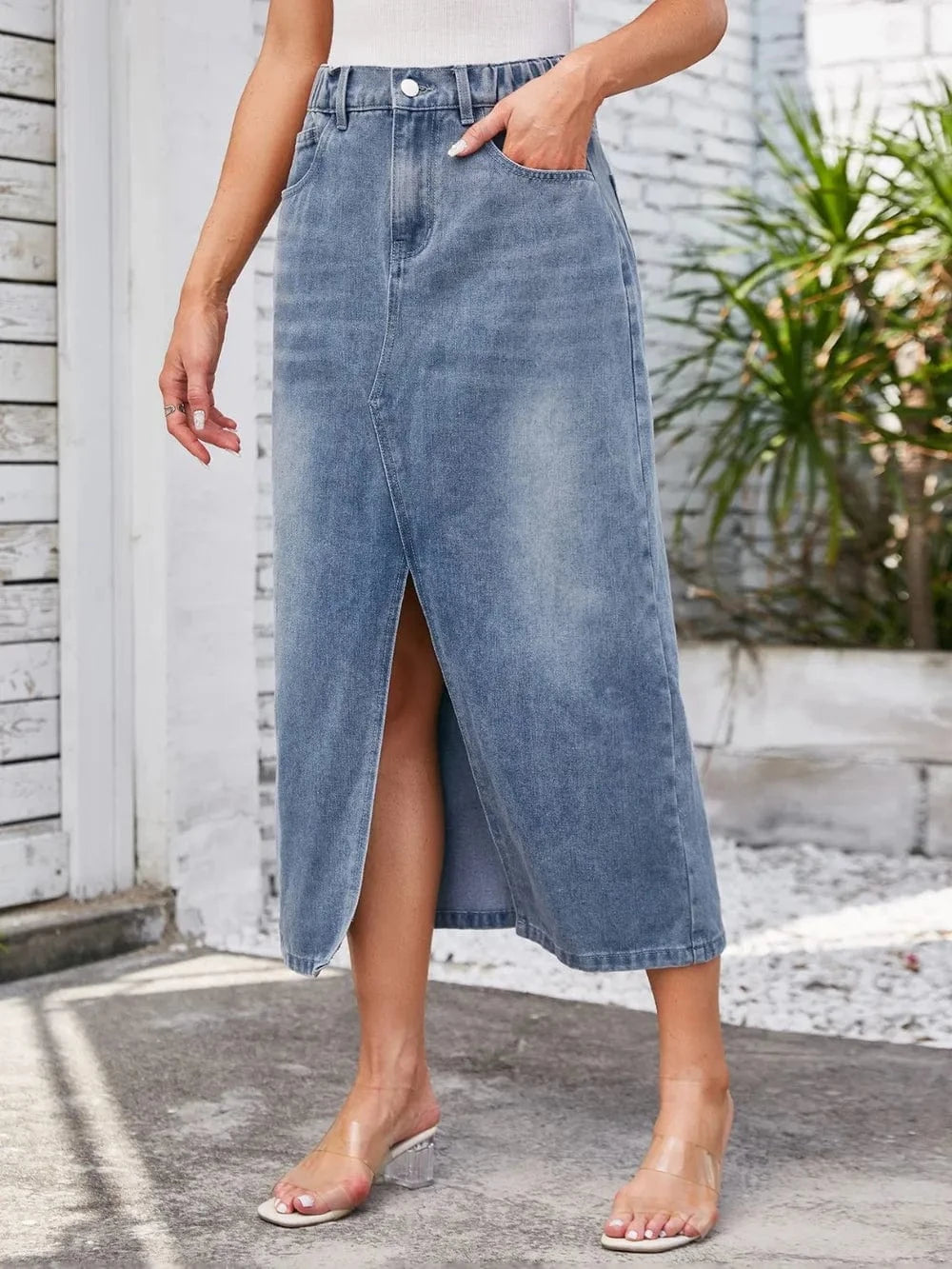 Slit Midi Denim Skirt with Pockets - ShalayeFashion