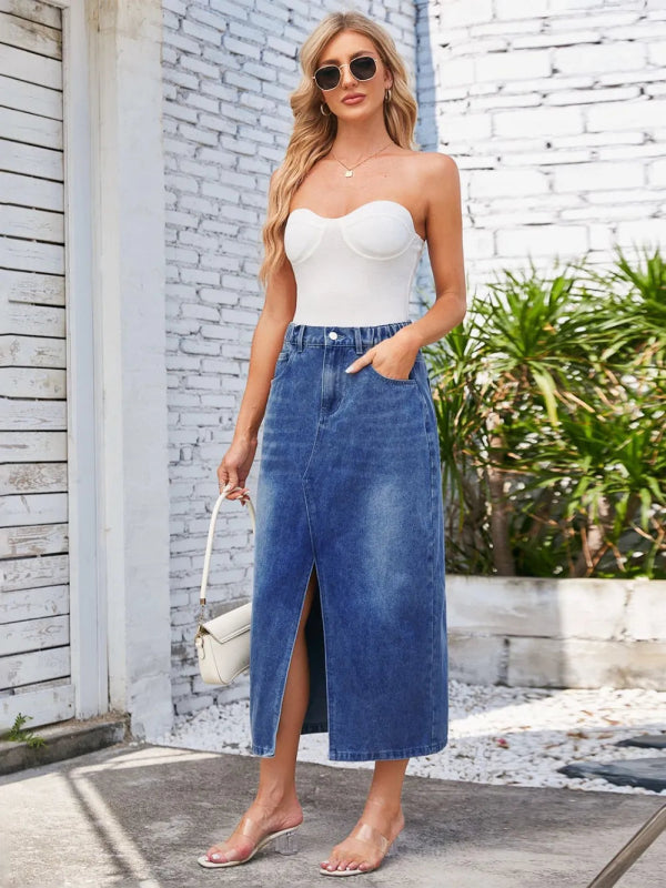 Slit Midi Denim Skirt with Pockets - ShalayeFashion