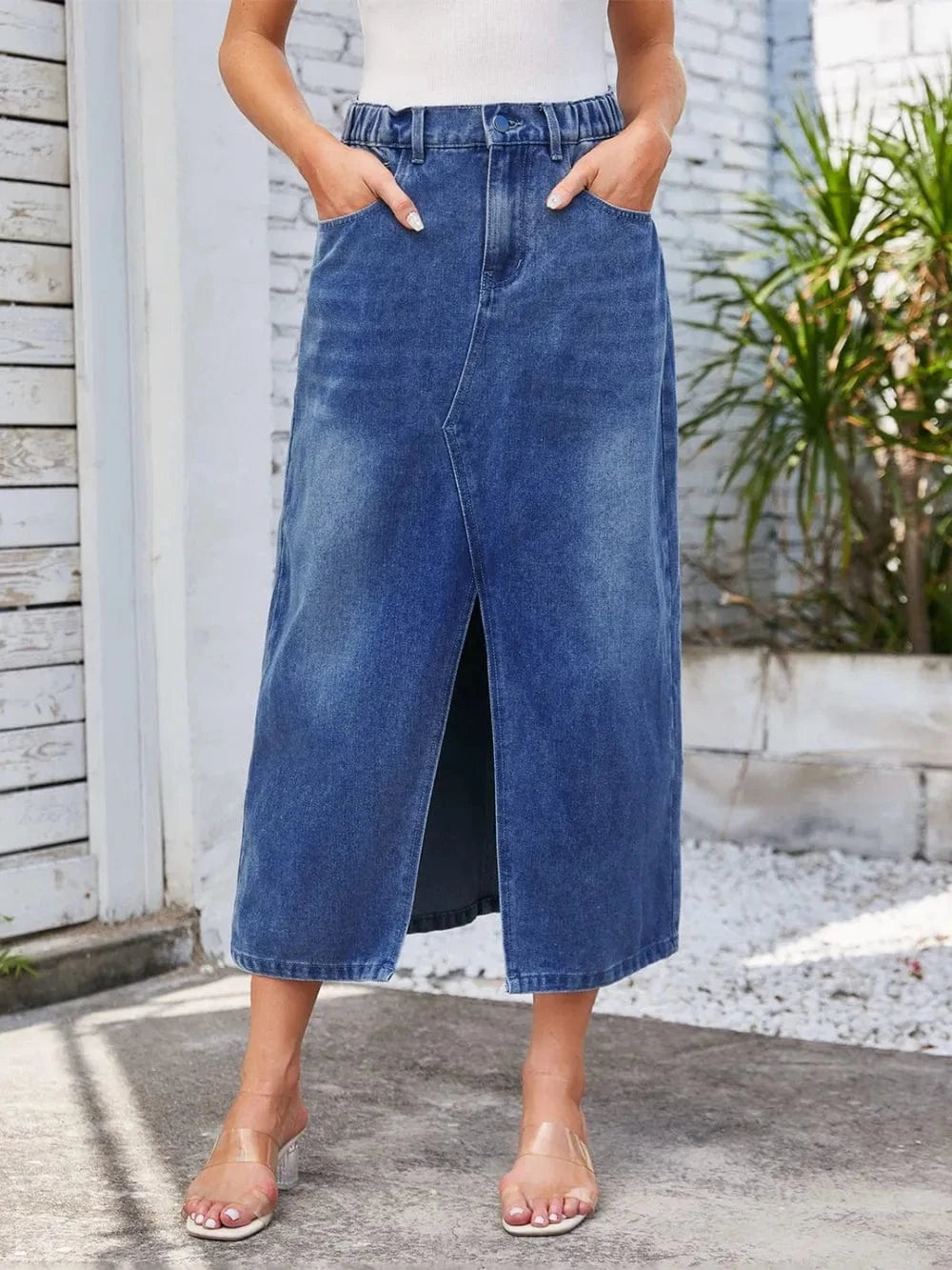 Slit Midi Denim Skirt with Pockets - ShalayeFashion