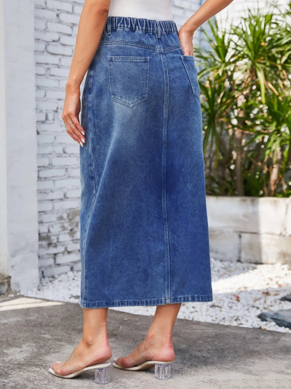 Slit Midi Denim Skirt with Pockets - ShalayeFashion