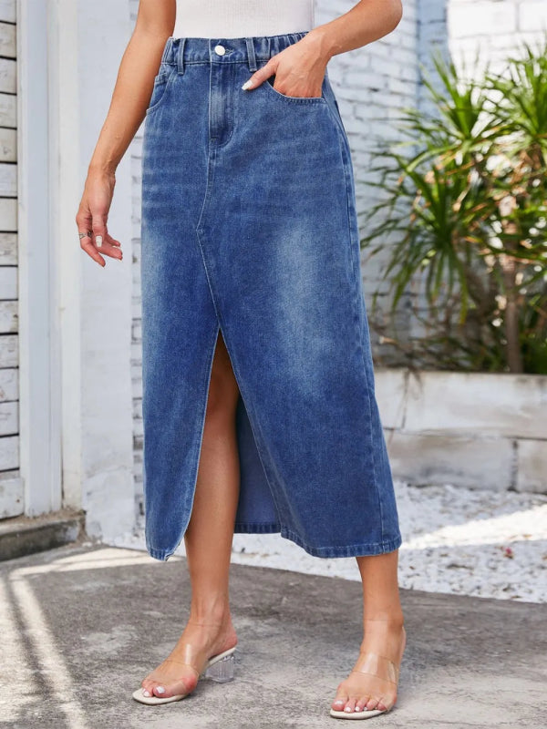 Slit Midi Denim Skirt with Pockets - ShalayeFashion