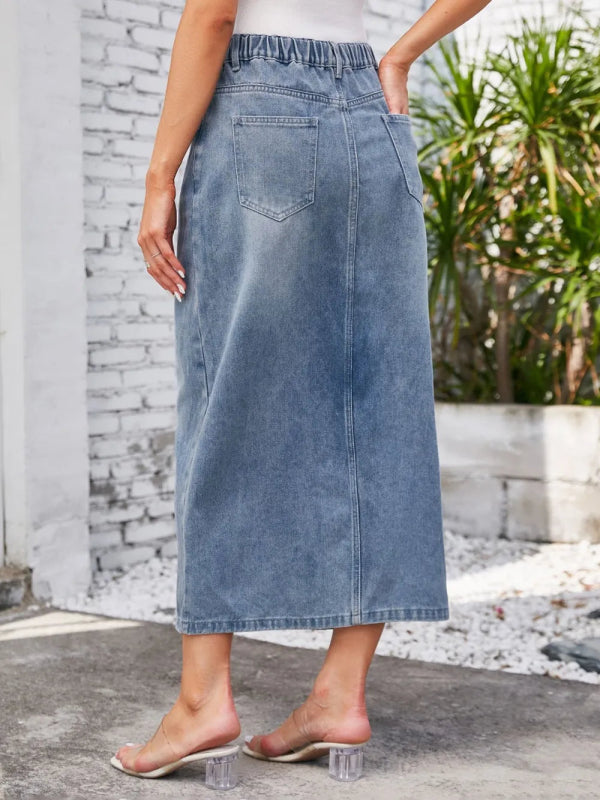 Slit Midi Denim Skirt with Pockets - ShalayeFashion