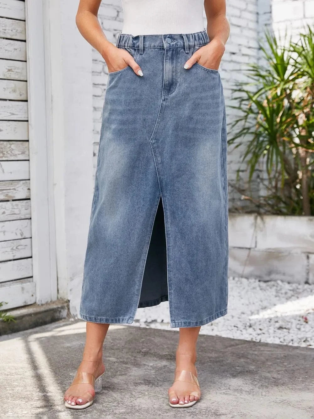 Slit Midi Denim Skirt with Pockets - ShalayeFashion
